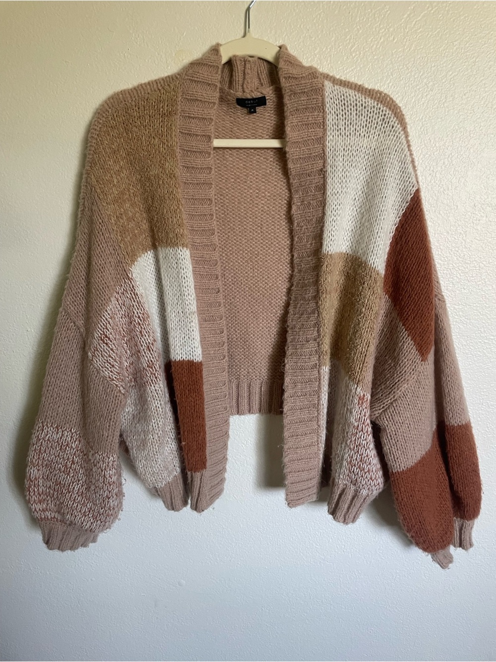Debut Earth Tone Colorblock Patchwork Open Front Cardigan Sweater Size M